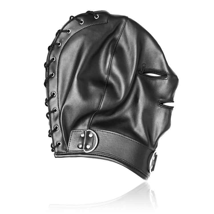 Black leather hood mask with lace-up front, eye and mouth openings, and metal hardware, designed for BDSM and fetish scenes.