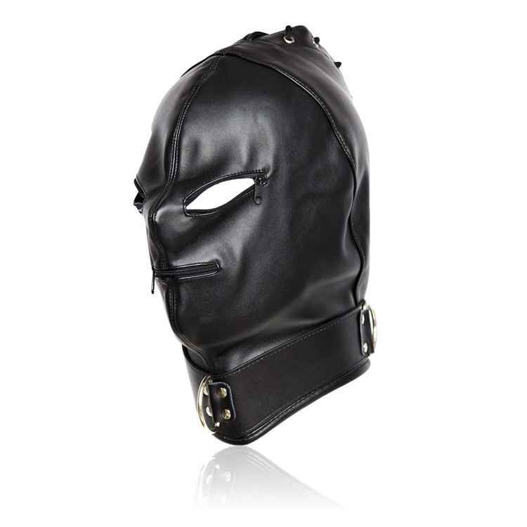 Side view of black leather hood mask with eye and mouth openings, featuring a zipper and metal accents for dark fetish style.
