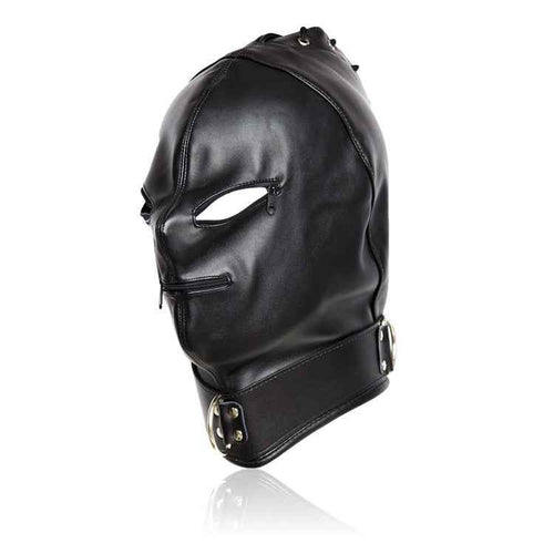 Side view of black leather hood mask with eye and mouth openings, featuring a zipper and metal accents for dark fetish style.