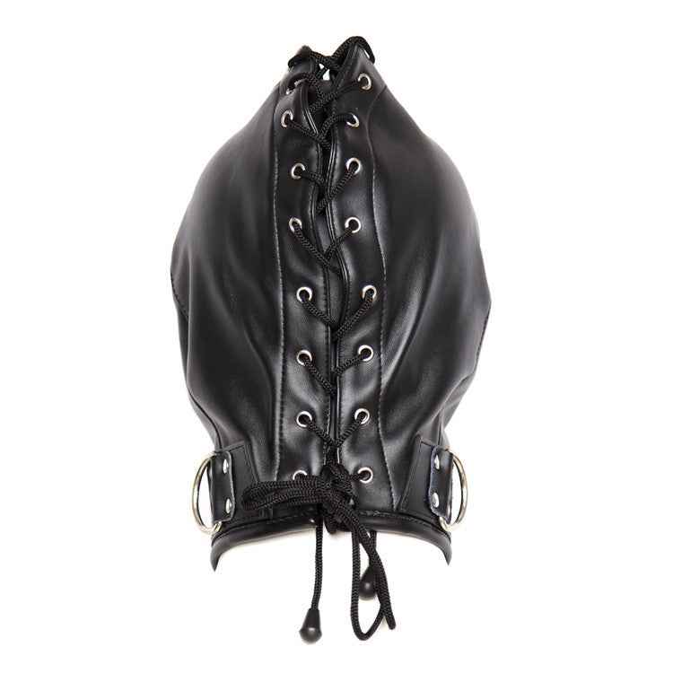 Front view of black leather hood mask with lace-up front, eye and mouth cutouts, and metal hardware, for BDSM or fetish use.