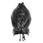Front view of black leather hood mask with lace-up front, eye and mouth cutouts, and metal hardware, for BDSM or fetish use.