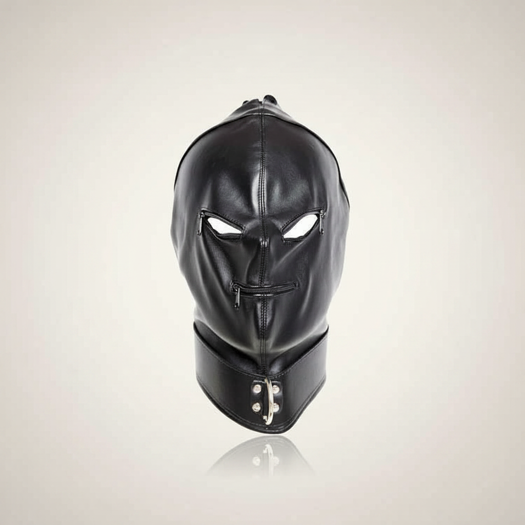 Black leather hood mask with zipper detail, eye and mouth cutouts, and a collar with metal hardware, designed for fetish wear.