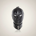 Black leather hood mask with zipper detail, eye and mouth cutouts, and a collar with metal hardware, designed for fetish wear.