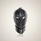 Black leather hood mask with zipper detail, eye and mouth cutouts, and a collar with metal hardware, designed for fetish wear.