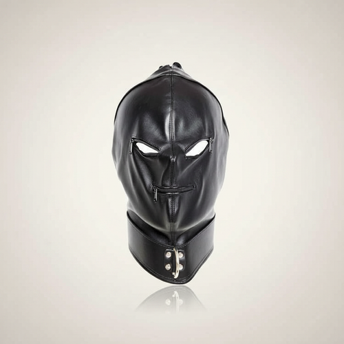 Black leather hood mask with zipper detail, eye and mouth cutouts, and a collar with metal hardware, designed for fetish wear.