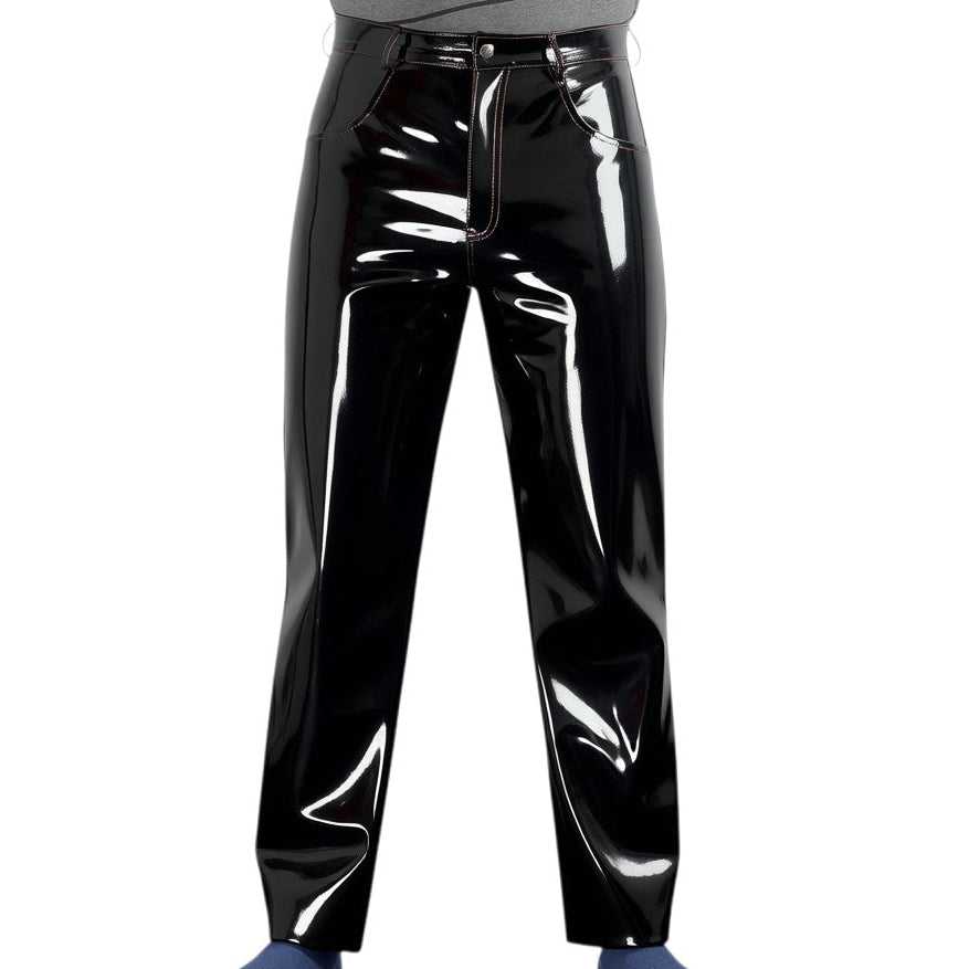 Men's black patent gothic trousers made of shiny vinyl material, high waist, straight-leg fit, stylish fetish wear for bold fashion statements - SKU: RR33452