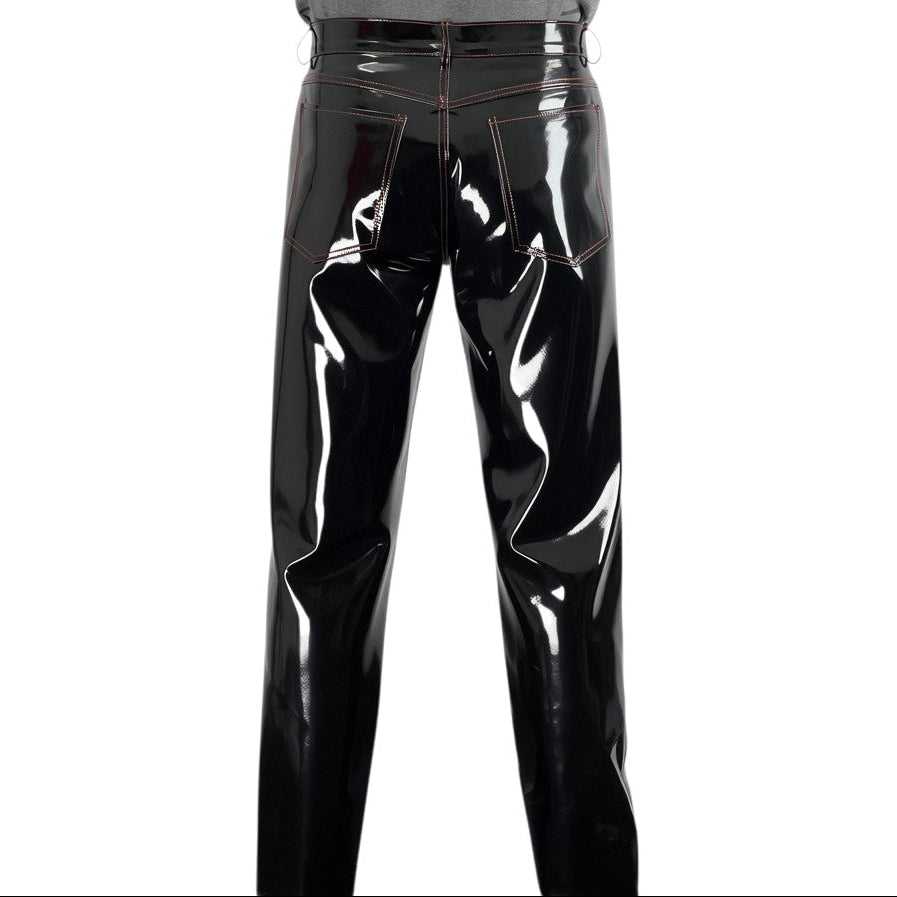 Back view of men's black patent gothic trousers with visible stitching, high waist, and straight cut, glossy vinyl finish, stylish fetish wear - SKU: RR33452