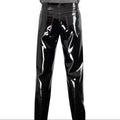 Back view of men's black patent gothic trousers with visible stitching, high waist, and straight cut, glossy vinyl finish, stylish fetish wear - SKU: RR33452
