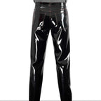 Back view of men's black patent gothic trousers with visible stitching, high waist, and straight cut, glossy vinyl finish, stylish fetish wear - SKU: RR33452