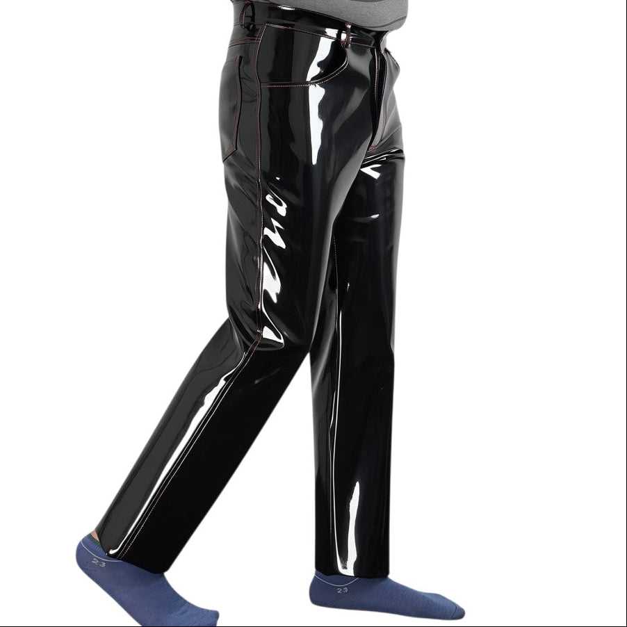 Side view of men's black patent gothic trousers with logo detail, shiny vinyl material, high waist, straight-leg fit, stylish fetish wear - SKU: RR33452