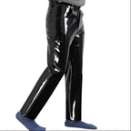 Side view of men's black patent gothic trousers with logo detail, shiny vinyl material, high waist, straight-leg fit, stylish fetish wear - SKU: RR33452