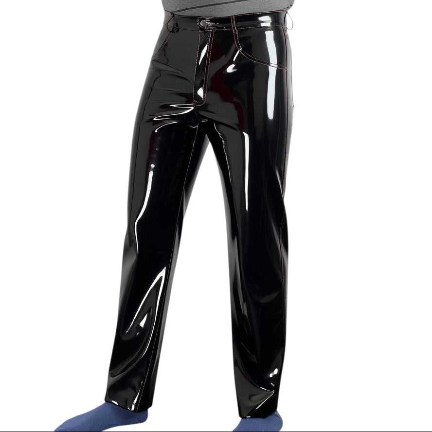 Full-length men's black patent gothic trousers made of glossy vinyl, high waist, straight-leg cut, bold fetish fashion statement - SKU: RR33452