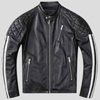 Black quilted leather motorcycle jacket with striped sleeves and zippered pockets, laid flat to show design details.