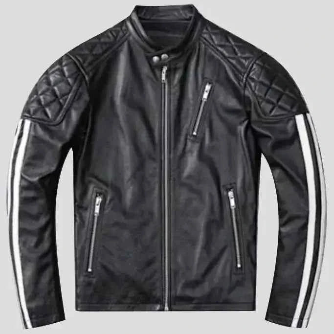 Black quilted leather motorcycle jacket with striped sleeves and zippered pockets, laid flat to show design details.
