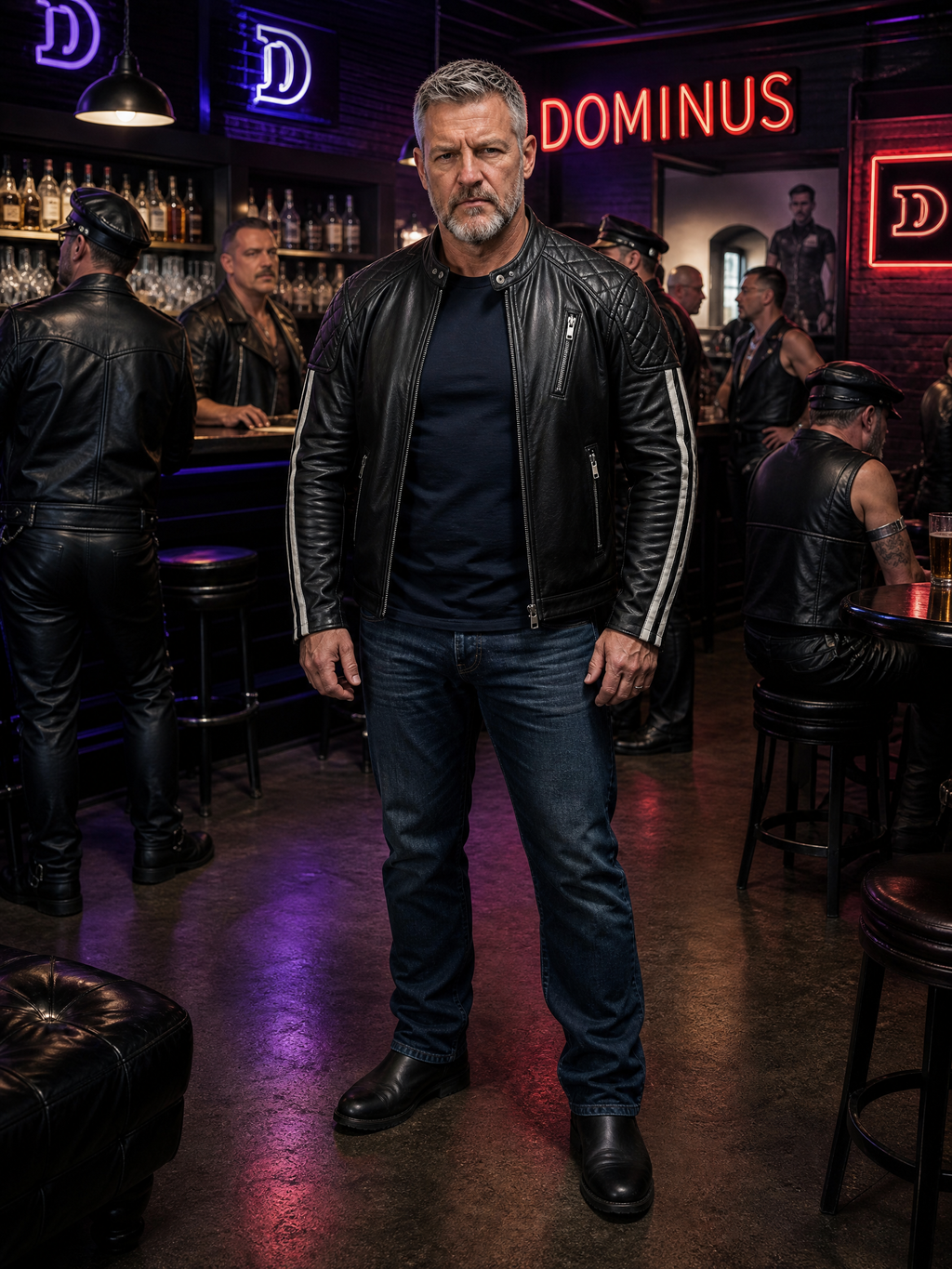 Silver logo of DOMINUS Leather, a black quilted leather motorcycle jacket with striped sleeves, displayed on a plain background.