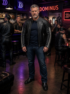Silver logo of DOMINUS Leather, a black quilted leather motorcycle jacket with striped sleeves, displayed on a plain background.