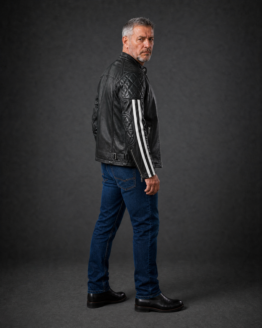 Side view of the black quilted leather motorcycle jacket featuring quilted shoulder panels, zippered pockets, and striped sleeve accents, worn by a man.