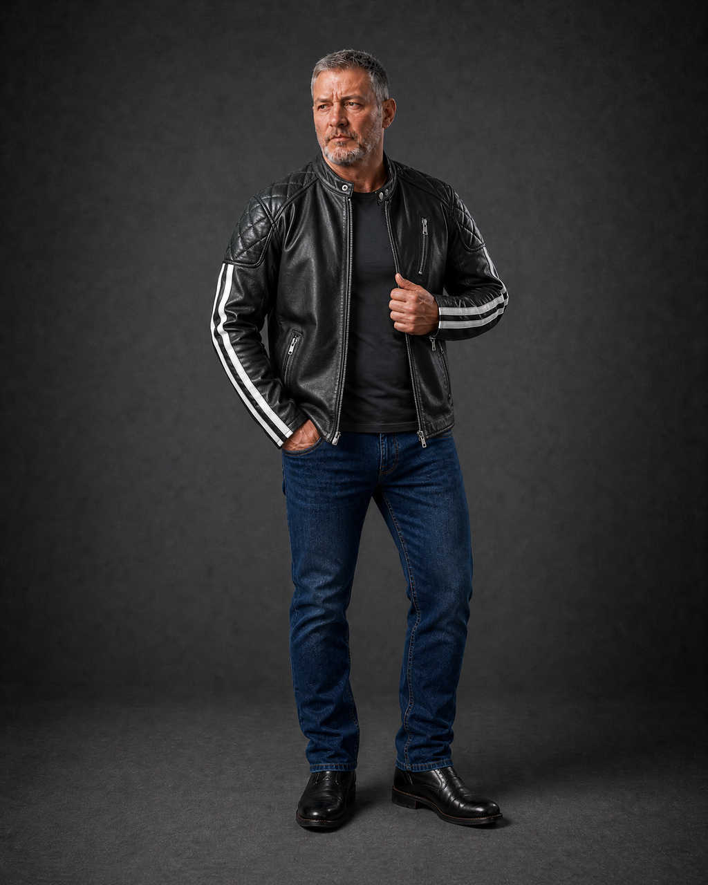 Men's black quilted leather motorcycle jacket with textured quilted panels, zippered pockets, and striped detailing on sleeves, styled on a man in a dark setting.