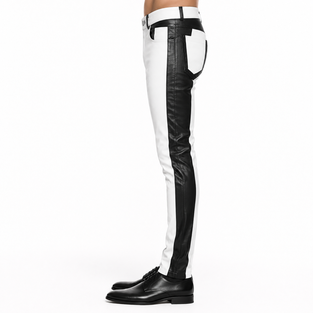 Men’s Black & White Leather Biker Pants - DOMINUS Leather