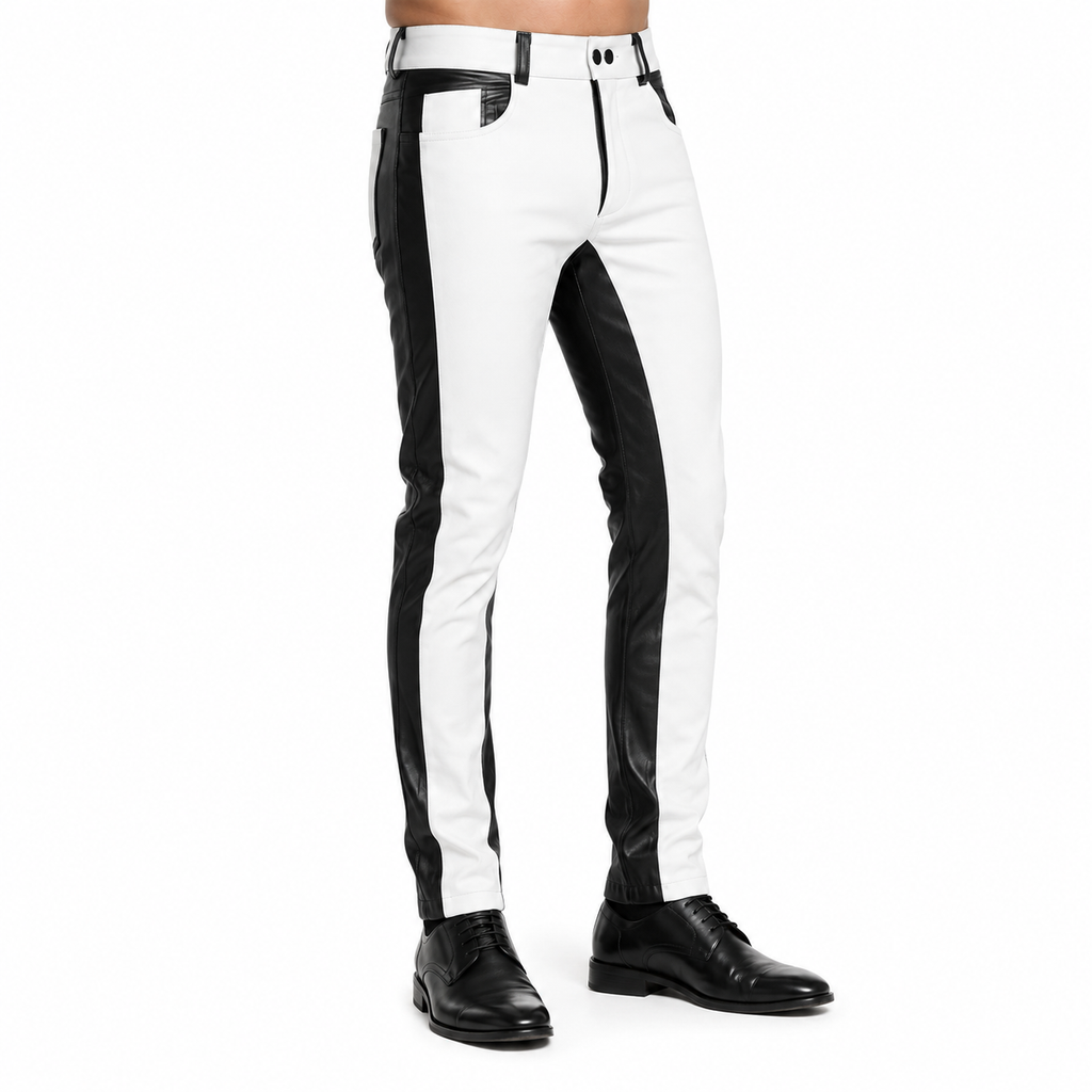Back view of men's white and black leather pants with contrasting panel design, fitted silhouette, and black leather shoes