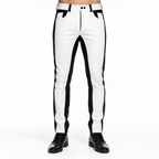 White leather pants with black side stripes, slim fit, front pockets, and black belt loops, styled with black shoes for a bold look