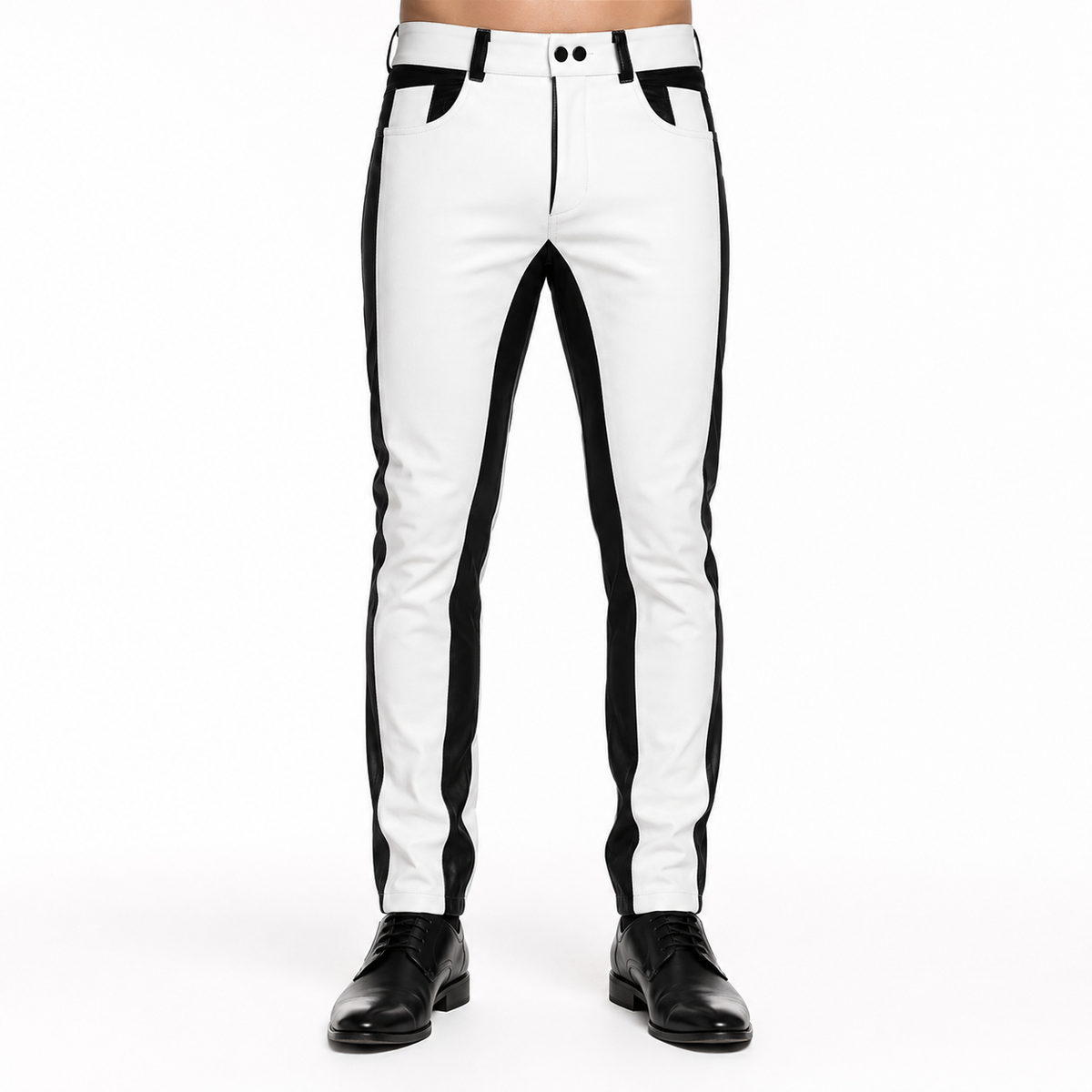 White leather pants with black side stripes, slim fit, front pockets, and black belt loops, styled with black shoes for a bold look