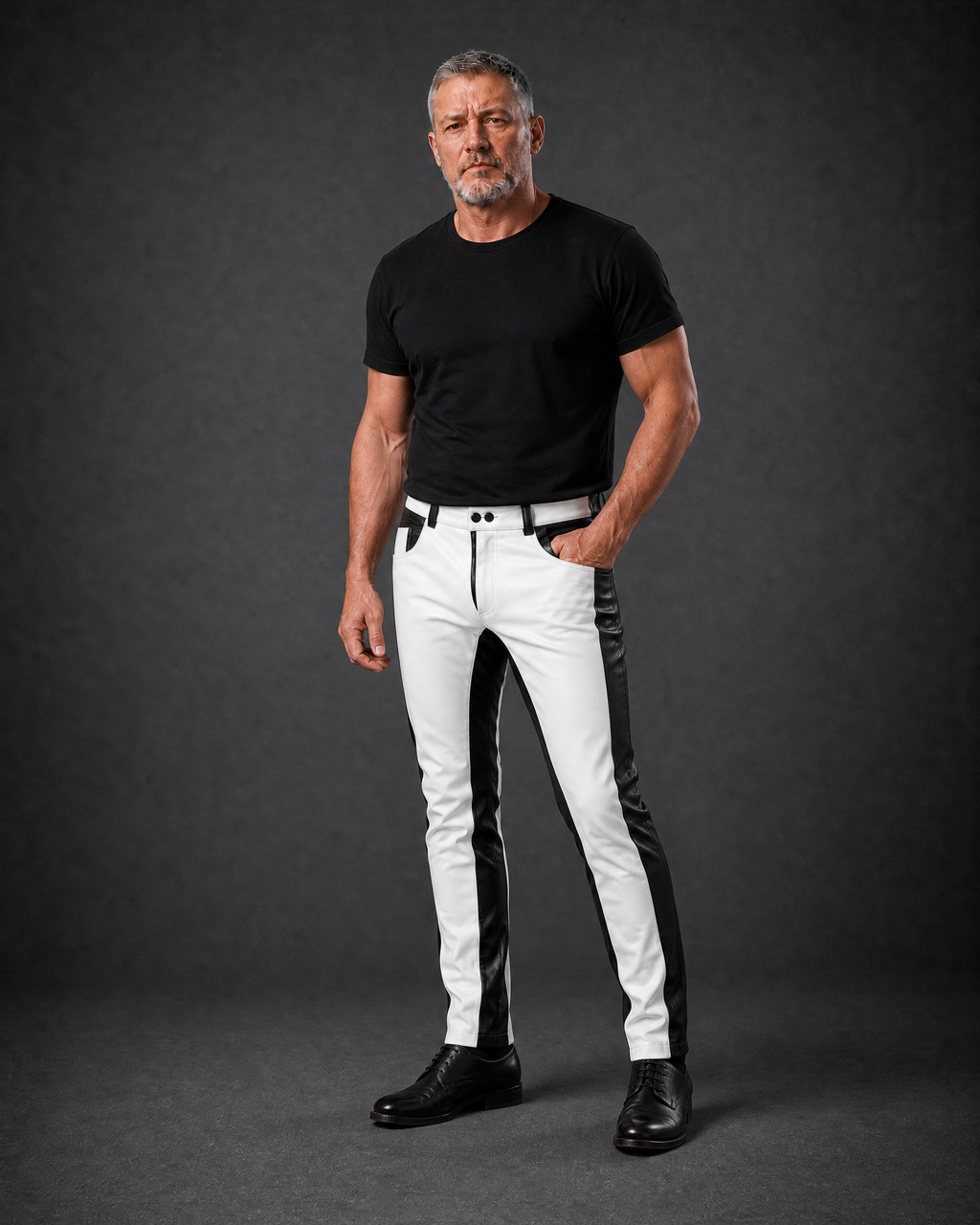 Men's black and white leather biker pants with slim fit design, motorcycle-inspired style, genuine leather material, paired with black boots