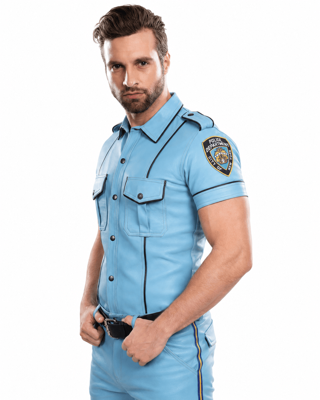 Men's light blue leather police shirt with front pockets, black piping details, and police badge patch on sleeve, fitted style.