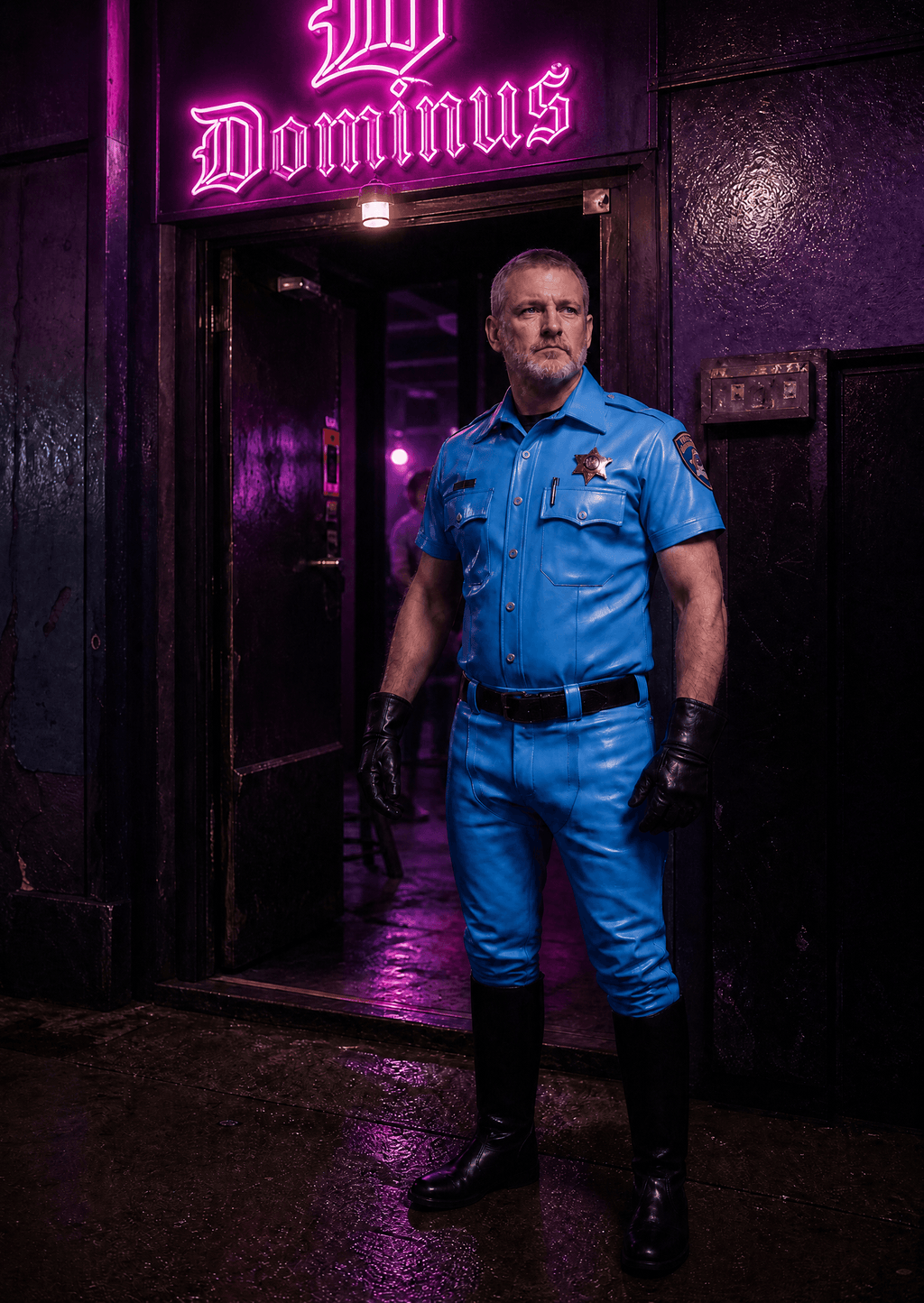 Nightclub scene with male police officer in light blue faux leather police shirt, neon pink sign 'Damius' above, side view
