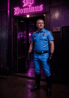 Nightclub scene with male police officer in light blue faux leather police shirt, neon pink sign 'Damius' above, side view