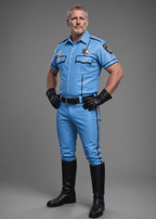 Male police officer in light blue faux leather police shirt with black gloves, standing confidently, front view, SKU: R1690-XS
