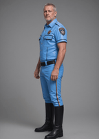 Men's police uniform shirt in light blue faux leather with black piping, badge, and shoulder epaulets, full-length, front view, SKU: R1690-XS