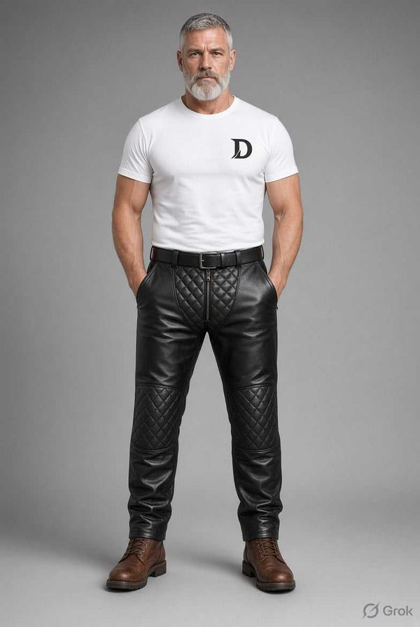 Men's padded thru zip black leather pants with quilted knee panels, front zipper, and belt loops, styled with brown boots, ideal for biker fashion.