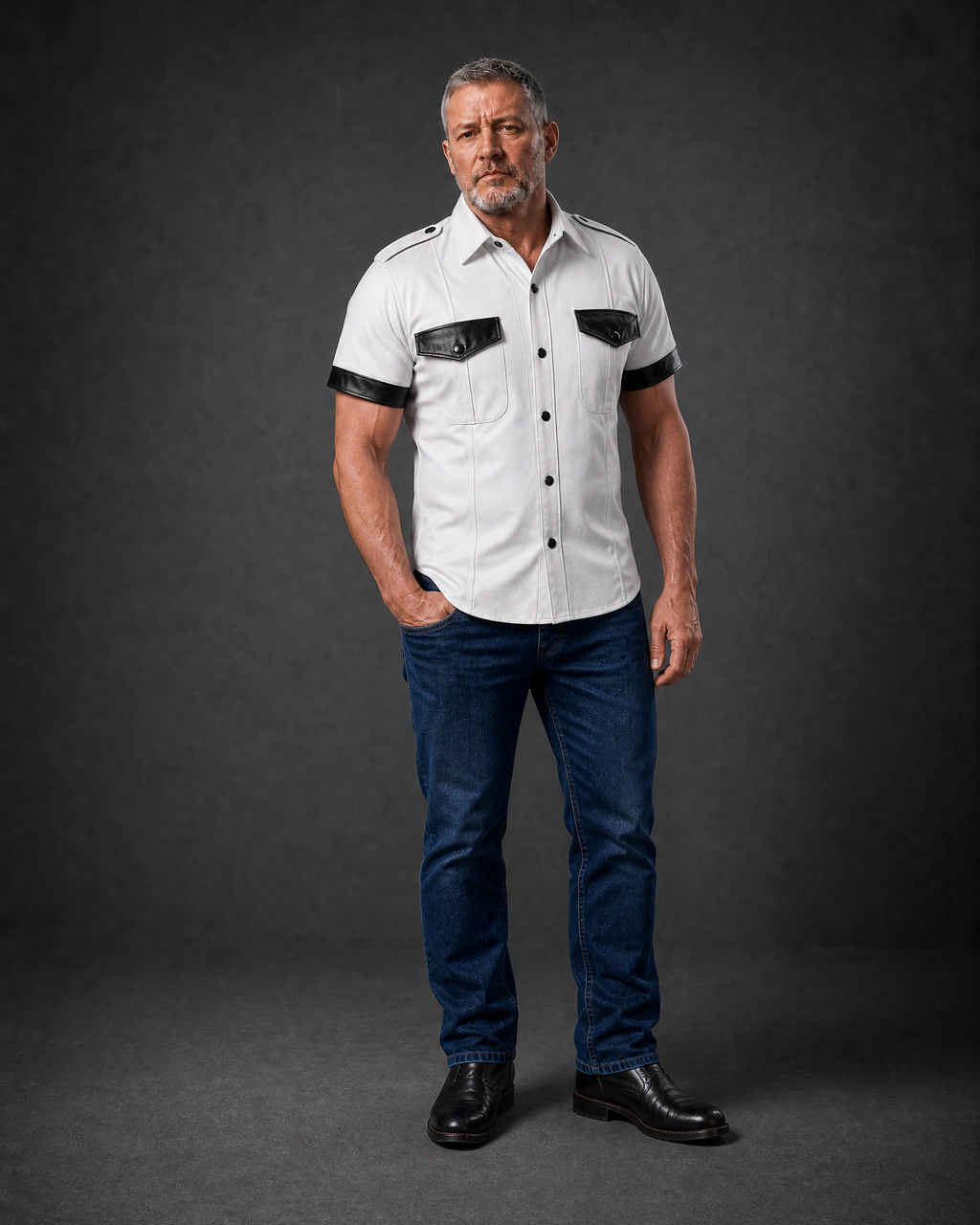 Men’s Police Style White Leather Shirt