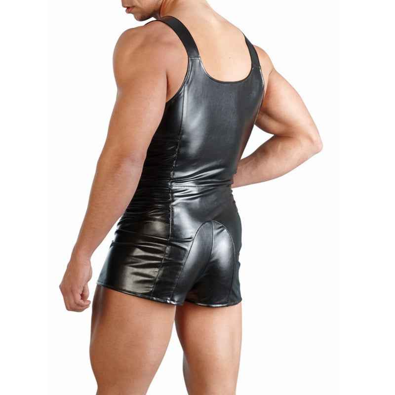 Men's Black Faux Leather Bodysuit