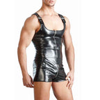 Men's Black Faux Leather Bodysuit