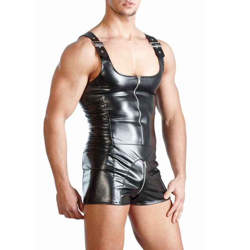 Men's Black Faux Leather Bodysuit